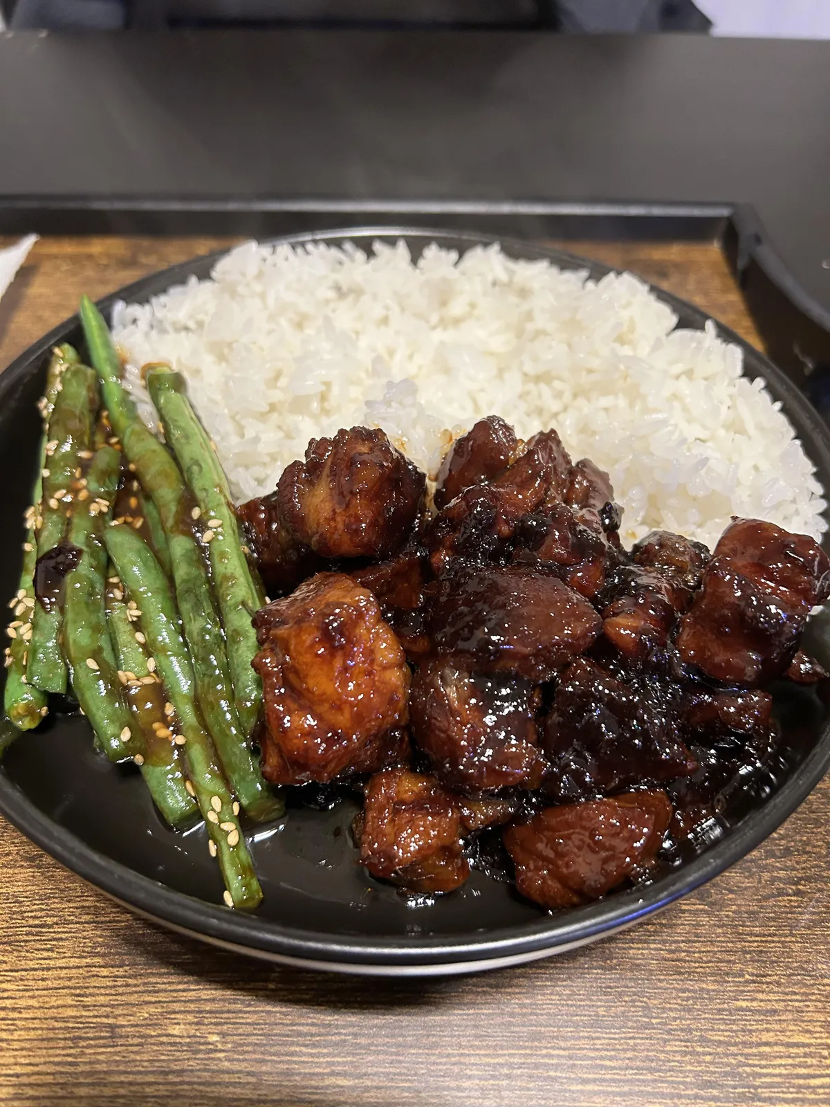 Braised pork shoulder with green beans in oyster sauce [homemade]