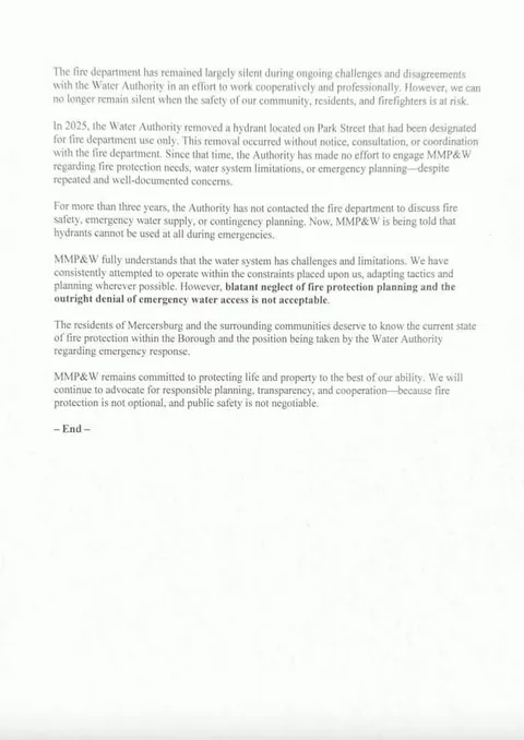 A nearby Fire Department is being told they cannot use fire hydrants to fight fires