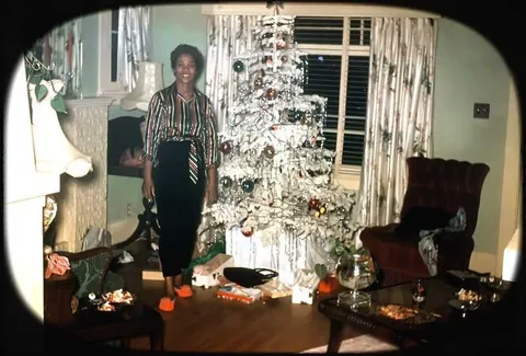 Kodachrome slides from a christmas diner party in the 1950s. It appears the whole family was there