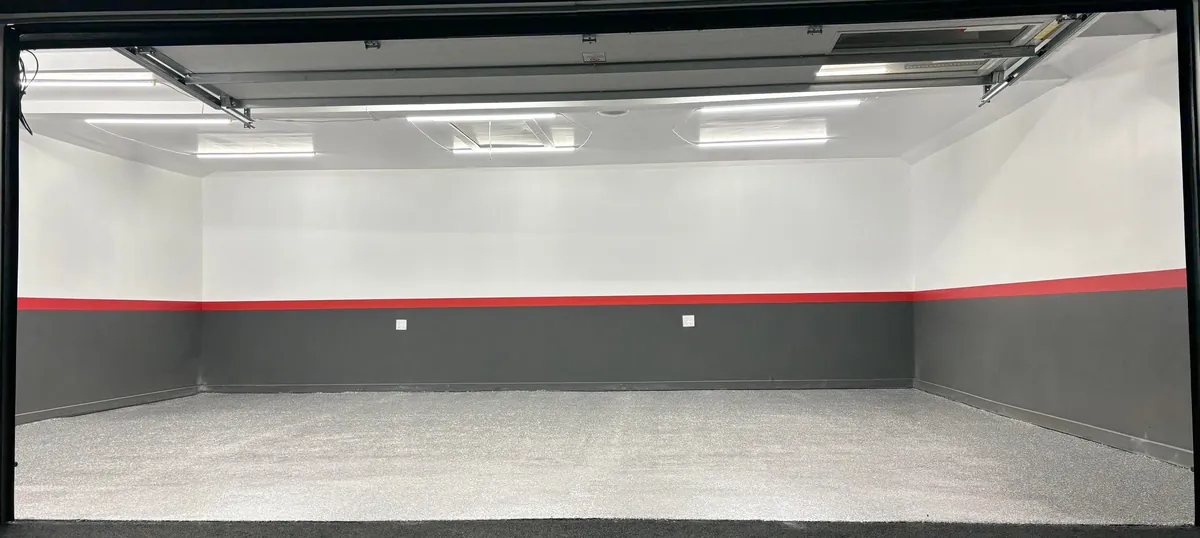 Garage Renovation White Gray Red Stripe