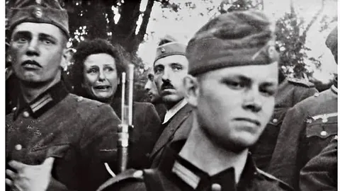 Nazi film director Leni Riefenstahl accidentally witnessing German soldiers shooting Jews in the Polish town of Końskie. 12 September 1939.