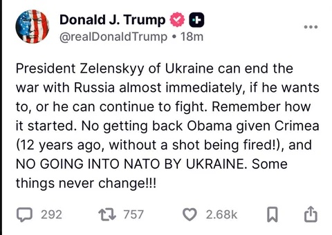 Putin could also end the war by getting out of Ukraine, but Trump can't talk like that to his handlers.