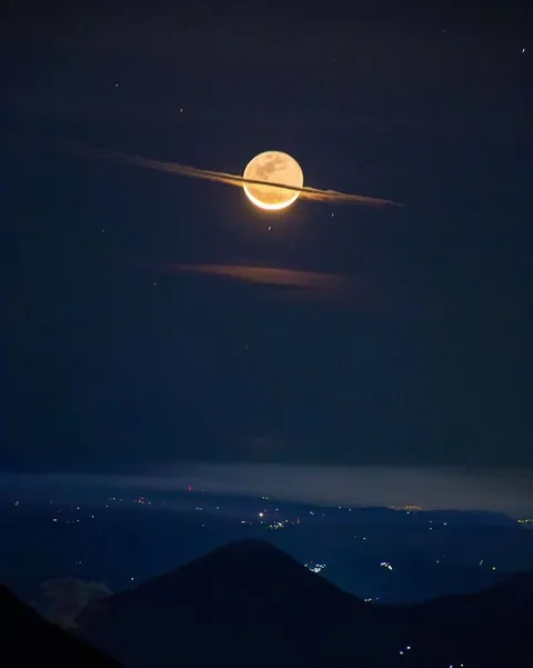 A breathtaking photo of our moon slightly covered with clouds, that looks like it has rings around it