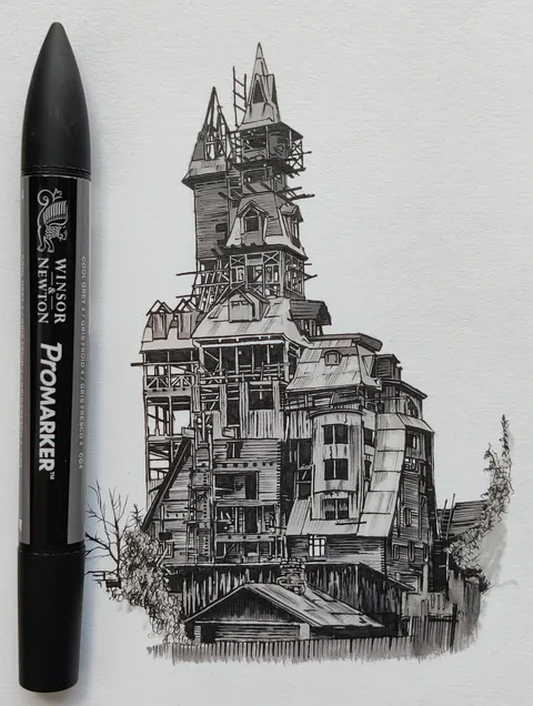 My drawing of Sutyagin House, a 13 storey wooden structure built in Russia by a local crime lord