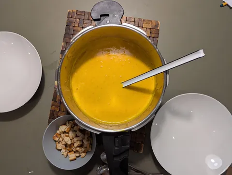 Pumpkin soup. Transition from solid to liquid.