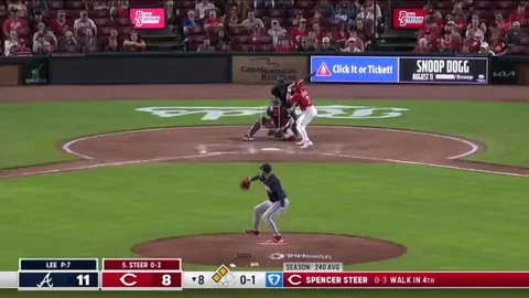 Reds Spencer Steer hits a 3-run HR to tie the Braves 11-11. The Reds were down 11-3 entering the bottom of the 8th inning, and scored 8 runs on 8 straight hits