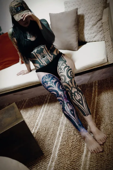 Ornamental heavy blackwork tattoo bodysuit by Eddie Rise (me) at Black Alchemy Studio in Albuquerque, New Mexico, USA