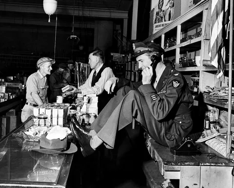 James Stewart, home from World War 2, at his Dad's hardware store, late September 1945.
