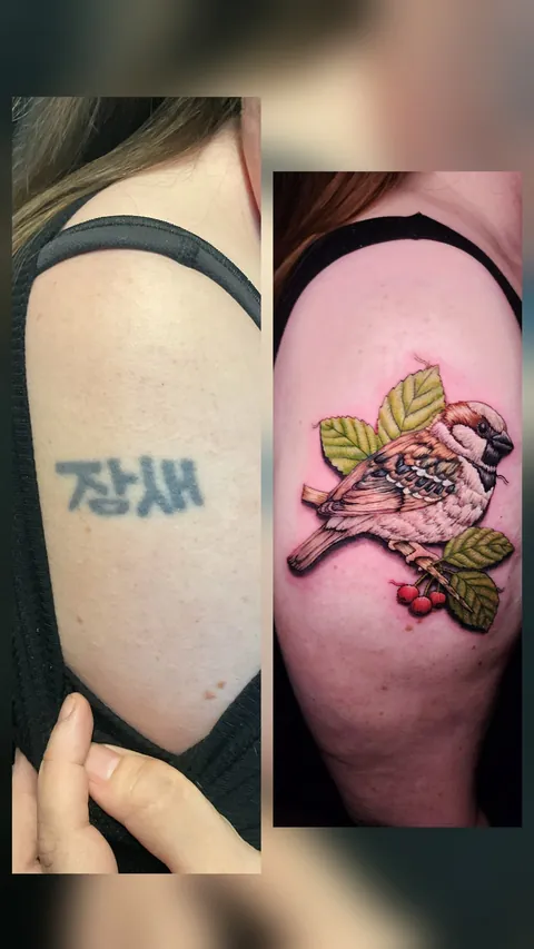 Embroidered Sparrow Coverup by Will Burke @ The Lions Den Tattoo Company, Prescott AZ