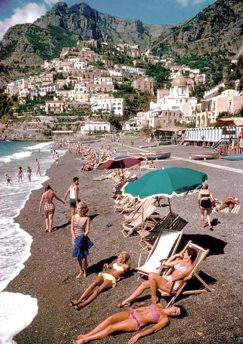 The beach at Positano on the Amalfi Coast in Italy, 1959.
