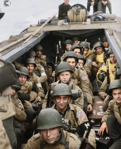American troops on board a landing craft heading for the beaches at Oran in Algeria during Operation Torch in November 1942. Credit: colourizedjackson on Instagram