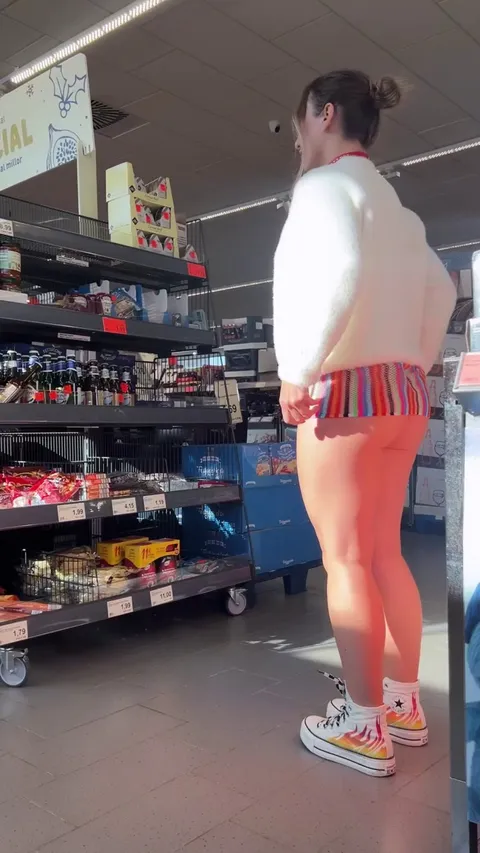 When the dress is this short and you hate wearing panties, every shopping trip turns into an adventure