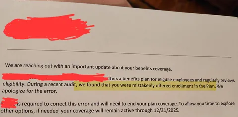 My boss informed me yesterday that they are taking away my healthcare and I'd receive a notice in the mail about it as well. This was the notice I had when I got home. (Reupload with picture, Details in post body)