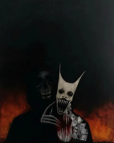 I suffer from paranoid schizophrenia and this is a painting I made back when I was 18 (2022). it's called "self portrait with fiancé"