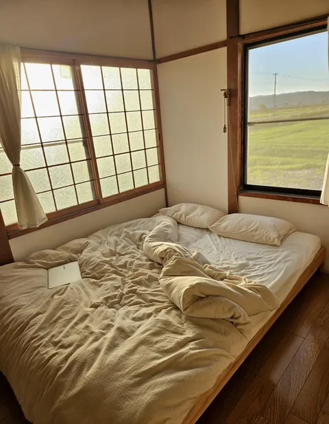 My bed in a rental home in Hokkaido, Japan
