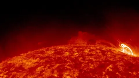 NASA's Solar Dynamic Observatory spacecraft imaged a large prominence erupting from the surface of the sun in 2011.  The explosion was captured in ultraviolet light over 90 minutes, where a new frame was taken every 24 seconds.
