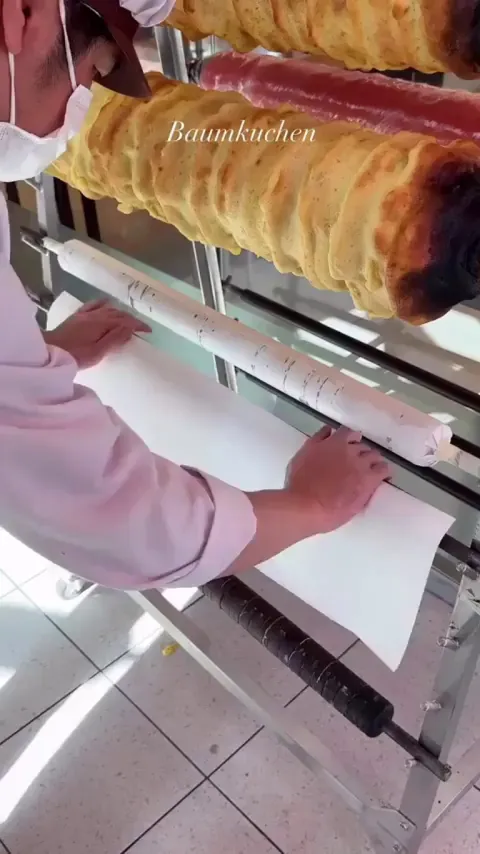 This man making Baumkuchen cake, which means tree cake. A traditional German cake that’s very popular in Japan.