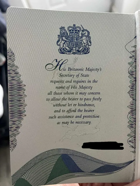 The first page of my British passport contains a request from the King.