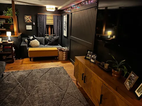 My downstairs living room, kitchen, entry way, music room and bathroom