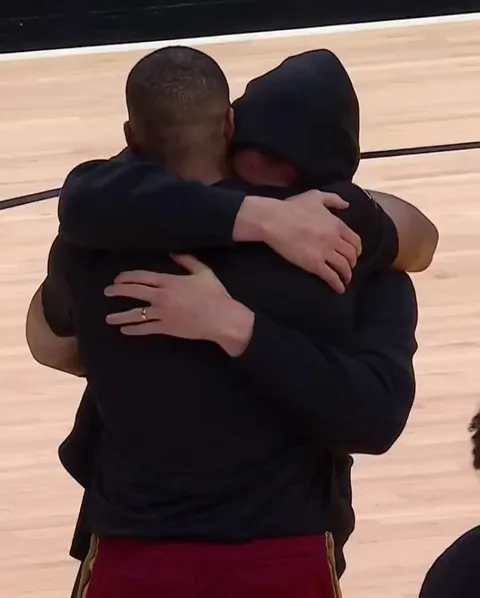 Cavaliers Tristian Thompson consoles former teammate Kevin Love, who’s father Stan Love passed away yesterday
