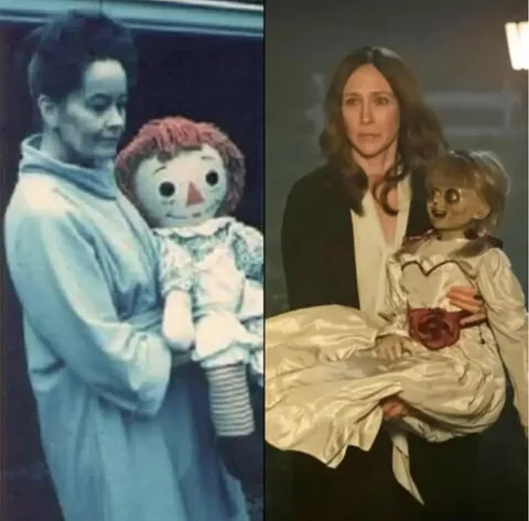 The real-life Lorraine Warren from The Conjuring holding the real-life Annabelle doll, beside their movie counterparts