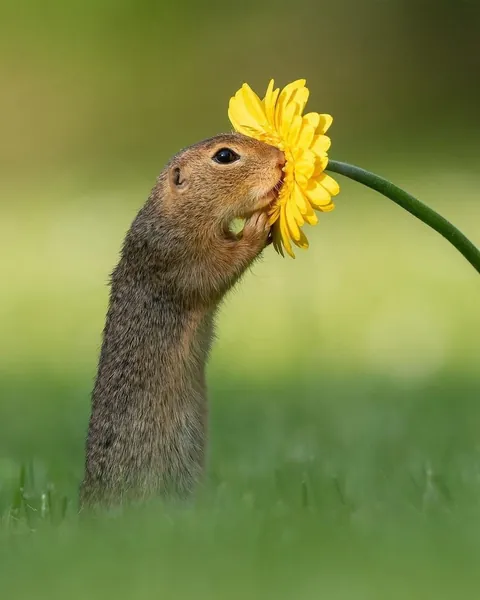Squirrel Stops to Smell a yellow daisy