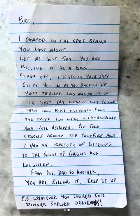 This dad camping with his kids got a surprise note from a stranger after their trip