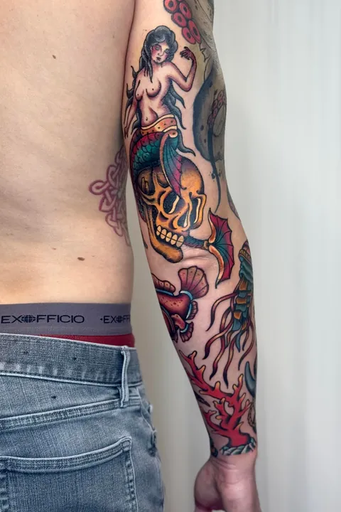 Nautical sleeve by Theo Koronidis at Lazy Bones Tattoo Studio, Thessaloniki, Greece