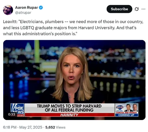 Leavitt: "Electricians, plumbers -- we need more of those in our country, and less LGBTQ graduate majors from Harvard University."