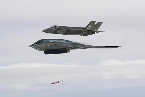 A B-2 stealth bomber sinks a martime target with a QUICKSINK system whilst flying in formation with a Norwegian F-35A, Norwegian Sea, September 3, 2025.