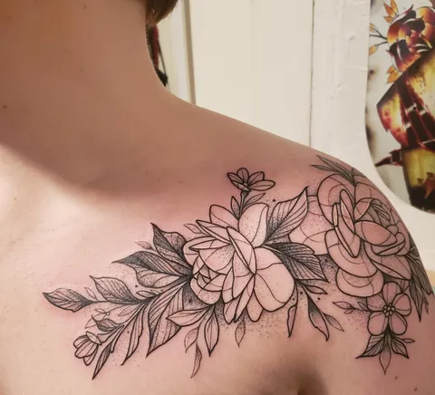 Floral Shoulder Piece - Cutty Bage, Hollow Moon Tattoo, Boone NC