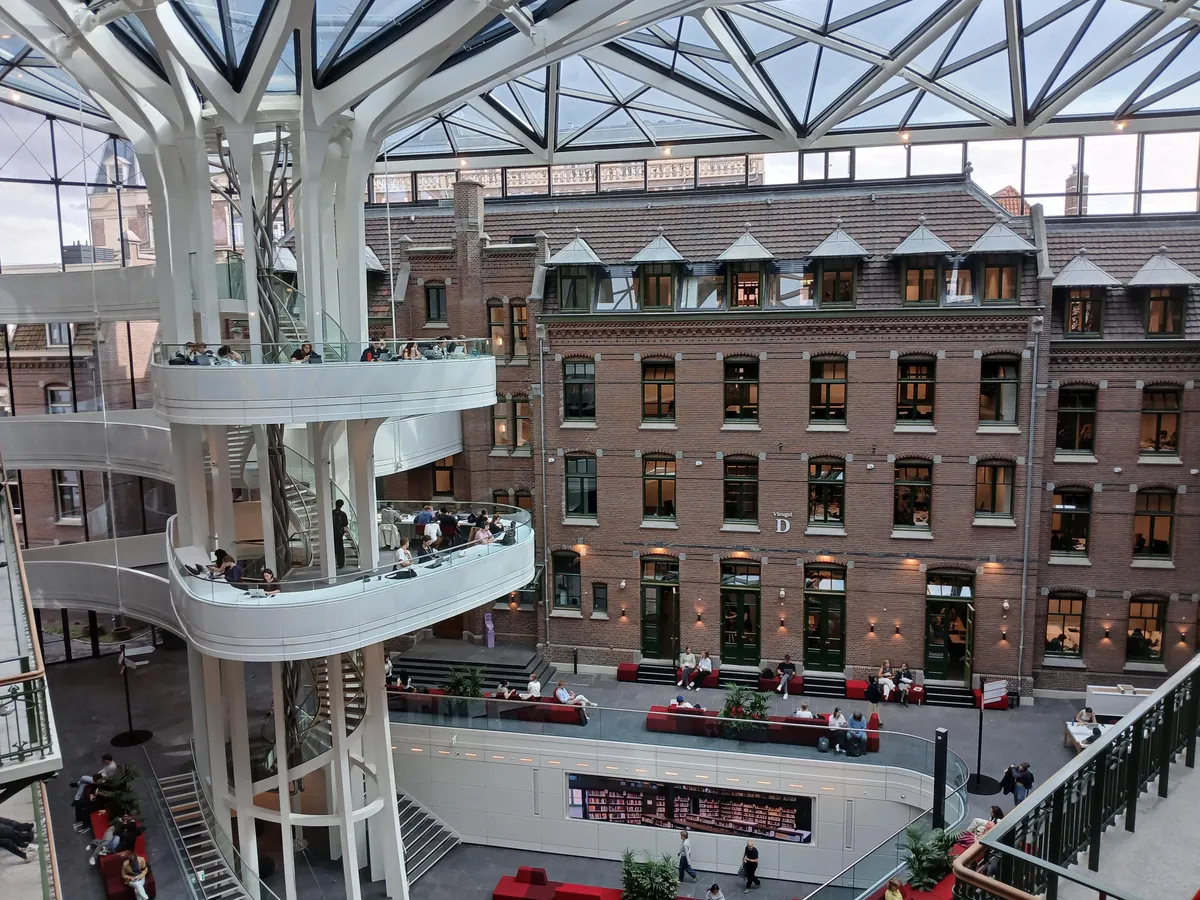 The new library of the University of Amsterdam. It incorporates the old buildings of a hospital.