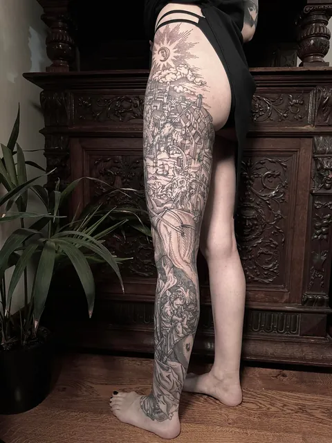 Full leg tattoo made by me (Ivan Zagusta) at Zaraza tattoo shop in Warsaw, Poland