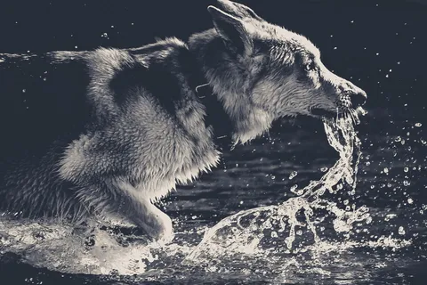 My dog playing in the stream B&amp;W