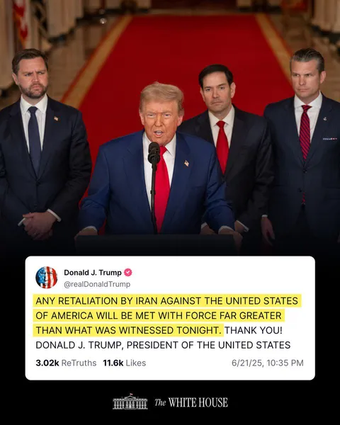 "ANY RETALIATION BY IRAN AGAINST THE UNITED STATES OF AMERICA WILL BE MET WITH FORCE FAR GREATER THAN WHAT WAS WITNESSED TONIGHT. THANK YOU!  DONALD J. TRUMP, PRESIDENT OF THE UNITED STATES"
