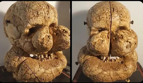 A skull of a man with Proteus syndrome, a rare condition characterized by overgrowth of bones, skin, muscles, fatty tissues, and blood and lymphatic vessels.
