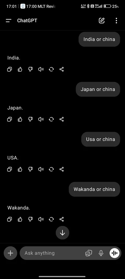 Deepseek vs ChatGPT comparing countries