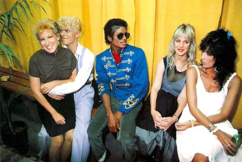David Bowie backstage during his 'Serious Moonlight' tour with Bette Midler, Michael Jackson and Cher, 1983.