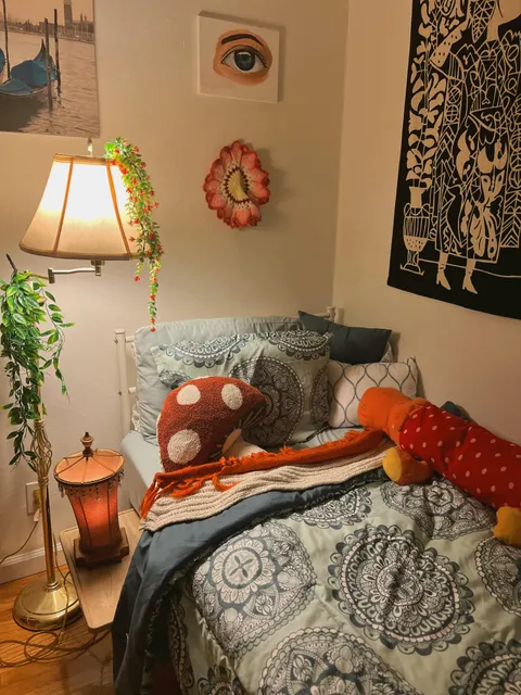 My college bedroom at night 
