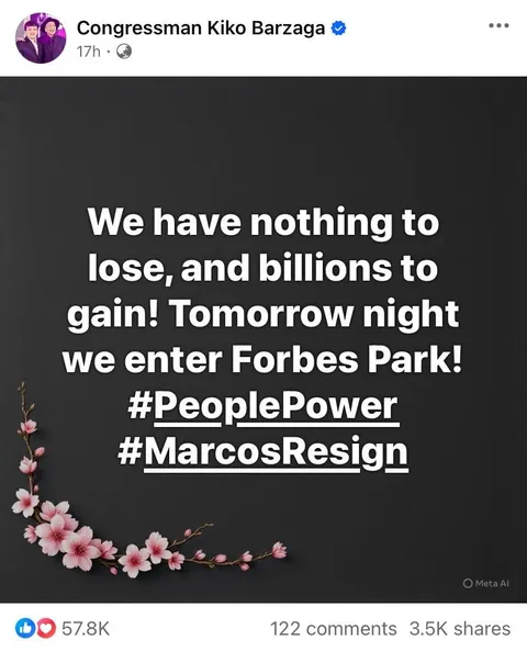 Kiko Barzaga wants to protest at Forbes Park tonight while other DDS influencers want to protest at EDSA Shrine this morning instead