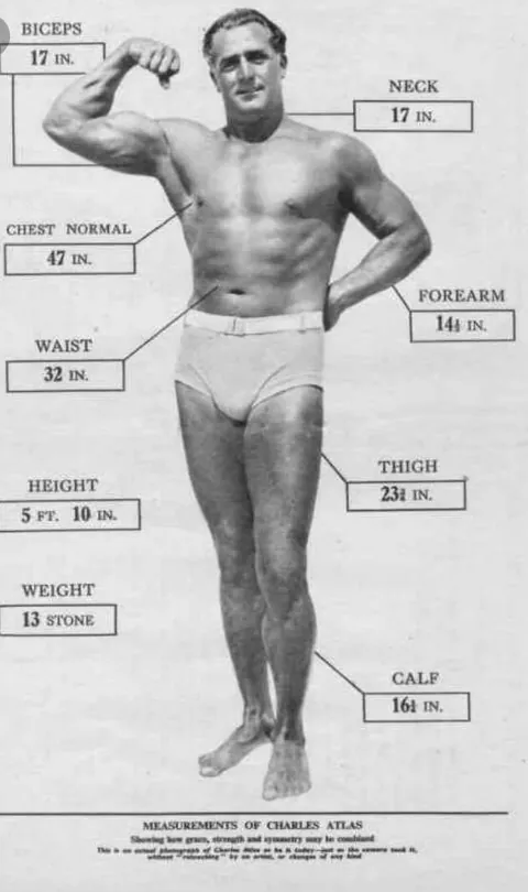 Charles Atlas, considered father of modern fitness with his prime measurements, at one point called the most perfect developt man, photos circa late 1920s, 1930s.