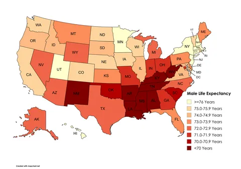 [OC] Male Life Expectancy by State (2021)