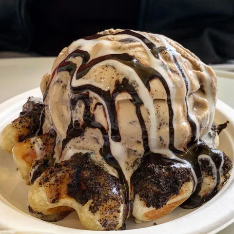 Waffle topped with coffee ice cream and Oreos = holy deliciousness