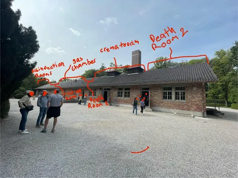 Inside Dachau’s crematorium building, the gas chamber is labeled ‘Brausebad’ (‘Showers’).