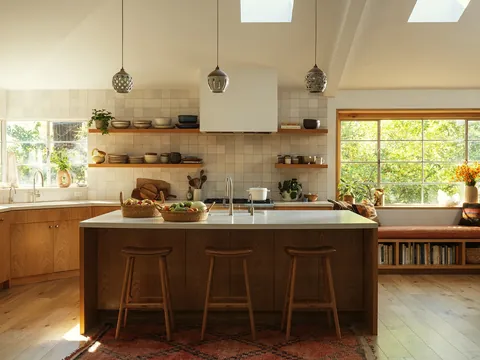 Kitchen and window seats in a renovated 1970s residence in the woods, Rustic Canyon, Pacific Palisades, Los Angeles [1440x1080]
