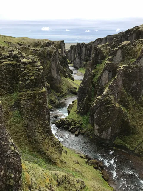 Fjaðrárgljúfur, a grassy canyon in south east Iceland.