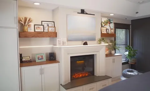 I built a fireplace, cabinets and floating shelves