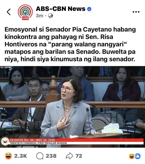 ABS-CBN NEWS: Emosyonal si Senador Pia Cayetano habang kinokontra ang pahayag ni Sen. Risa Hontiveros na "parang walang nangyari" matapos ang barilan sa Senado. Buwelta pa niya, hindi siya kinumusta ng ilang senador.