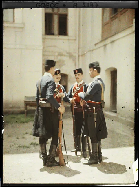 Greek soldiers in their uniforms, posing for a photo, 24 of May 1913. Autochrome shots
