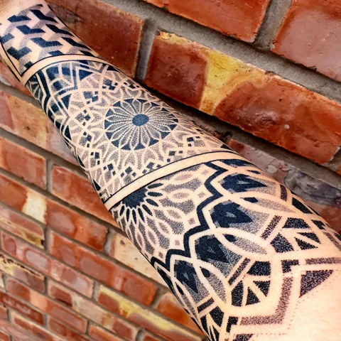 My first tattoo: Dotwork Geometric/Mandala half sleeve done by Nick Carroll at Sharpart Studios, Handforth UK.